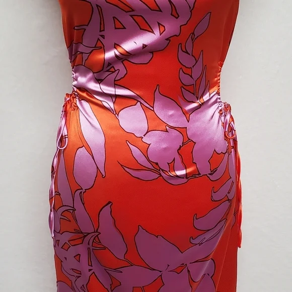 Christian Lacroix Orange Purple Retro Floral Print Satin Cut-out Midi Dress XS